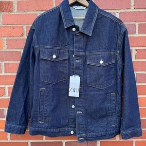 ZARA Men’s Dark Wash Denim Trucker Jacket Button Down Pockets New With Tags M